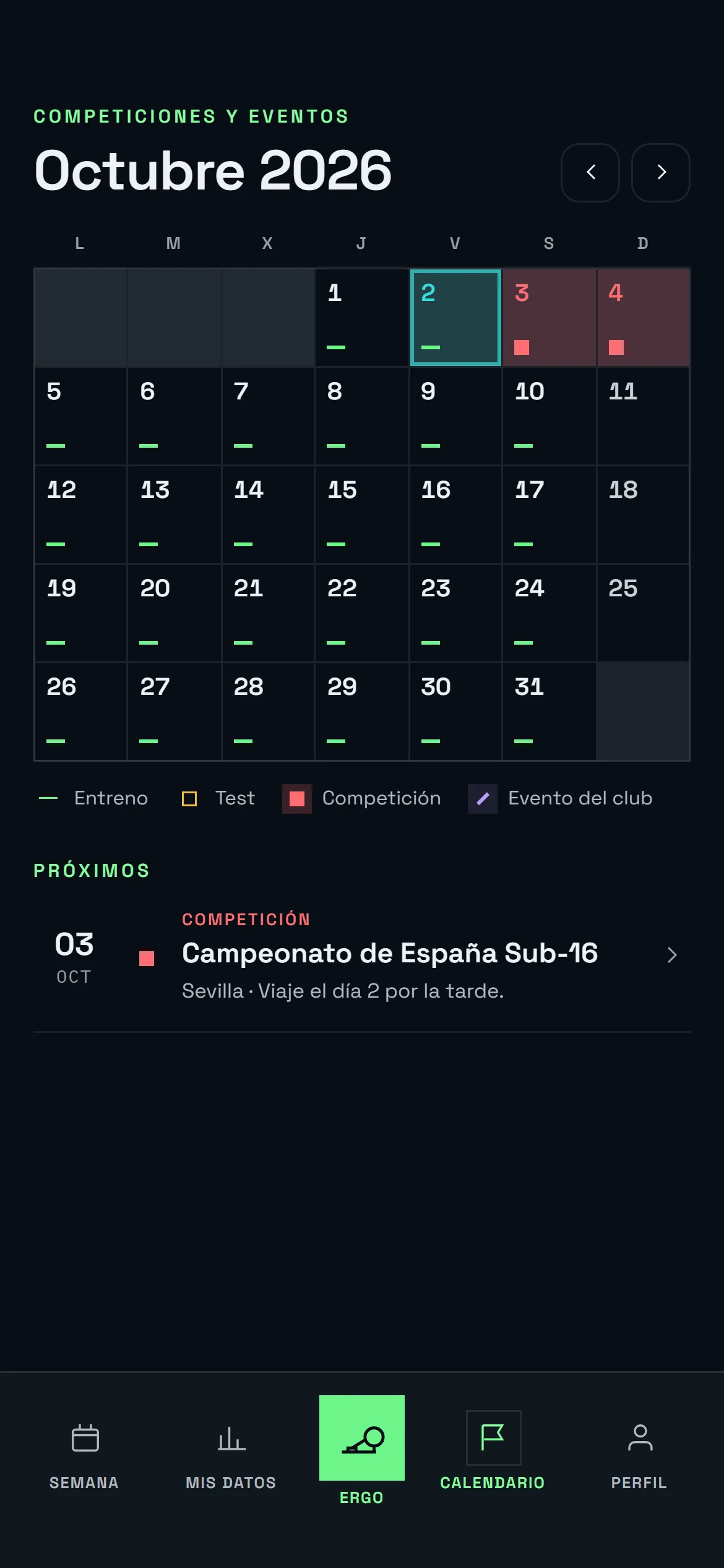 Calendario del deportista con regatas, tests y eventos del club