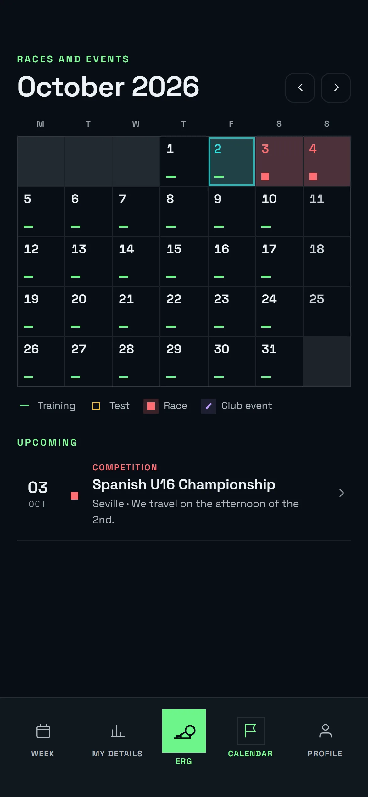 Athlete calendar with regattas, tests and club events