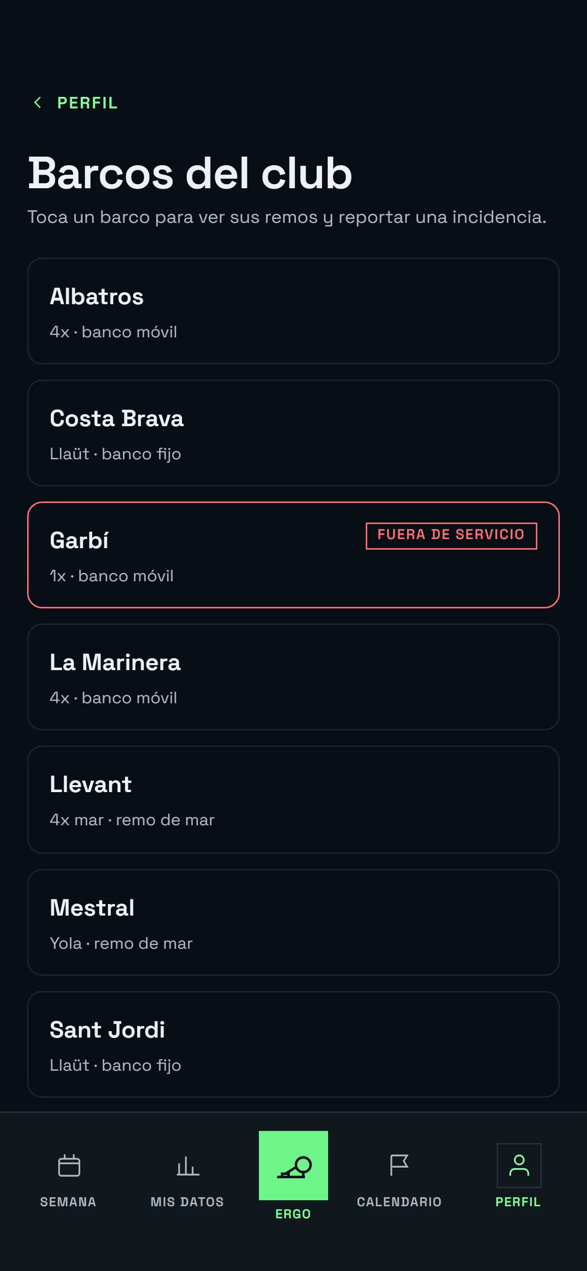 Flota: el barco asignado al deportista y el formulario para reportar una avería