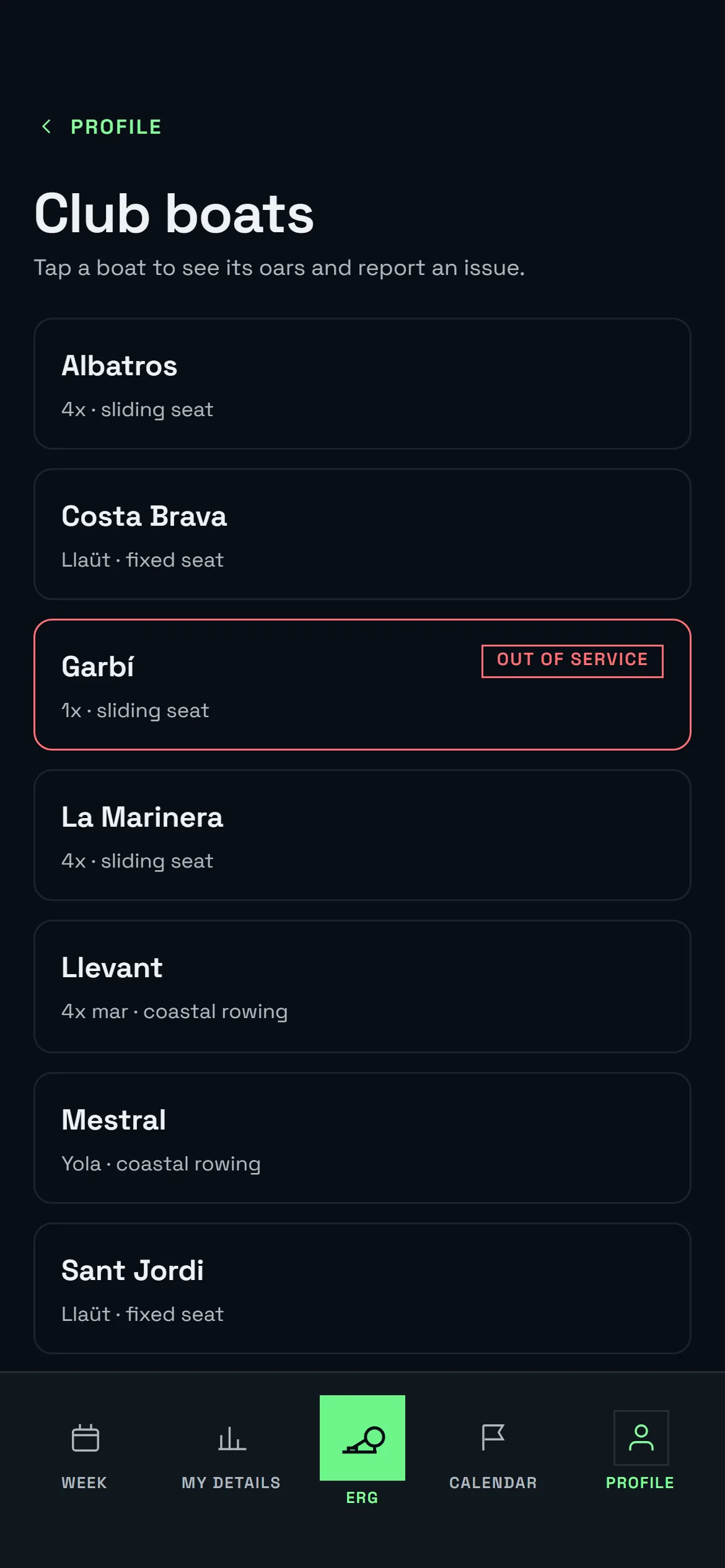 Fleet: the boat assigned to the athlete and the form to report damage