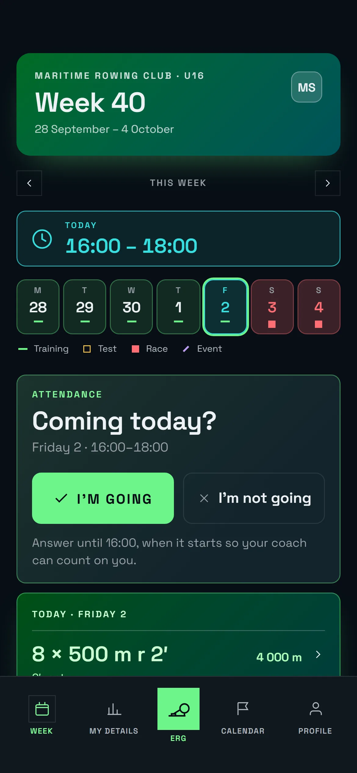 Athlete app: the week with the squad's sessions