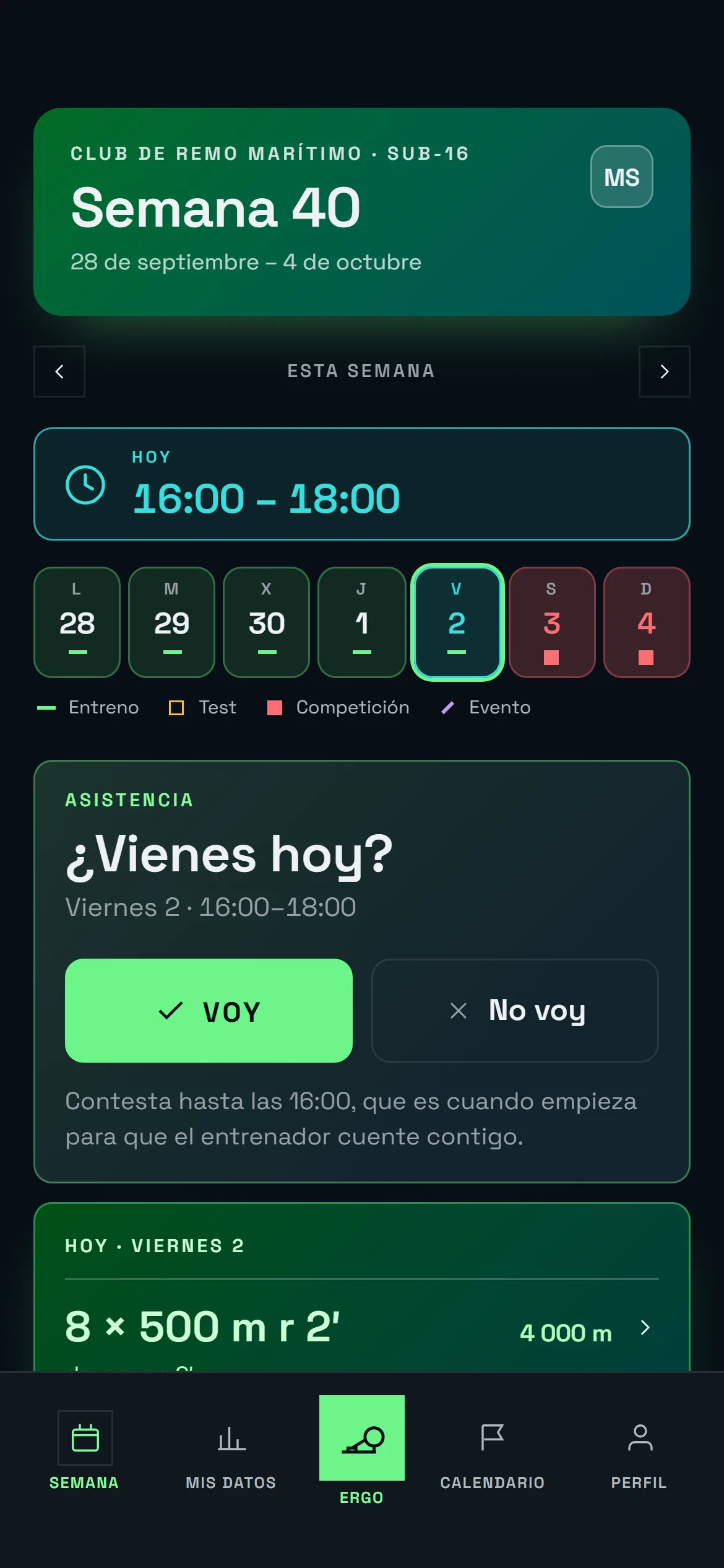App del deportista: la semana con los entrenamientos del equipo