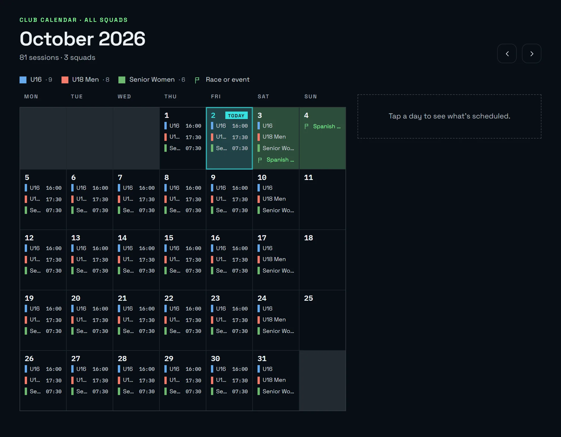 Monthly calendar with training for every squad in the club