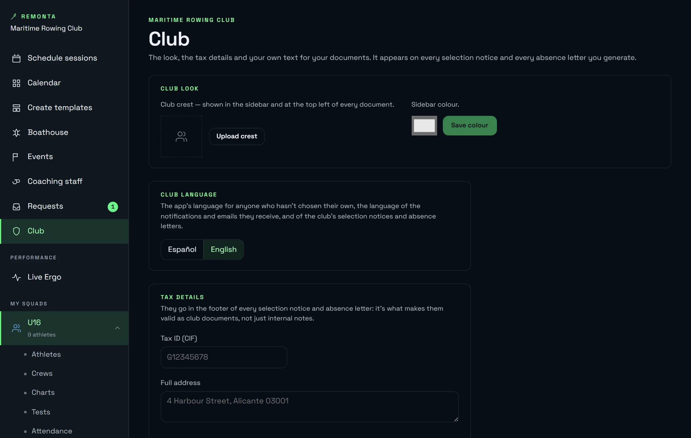 Club settings in the coach portal: squads, coaching staff, logo and club colour