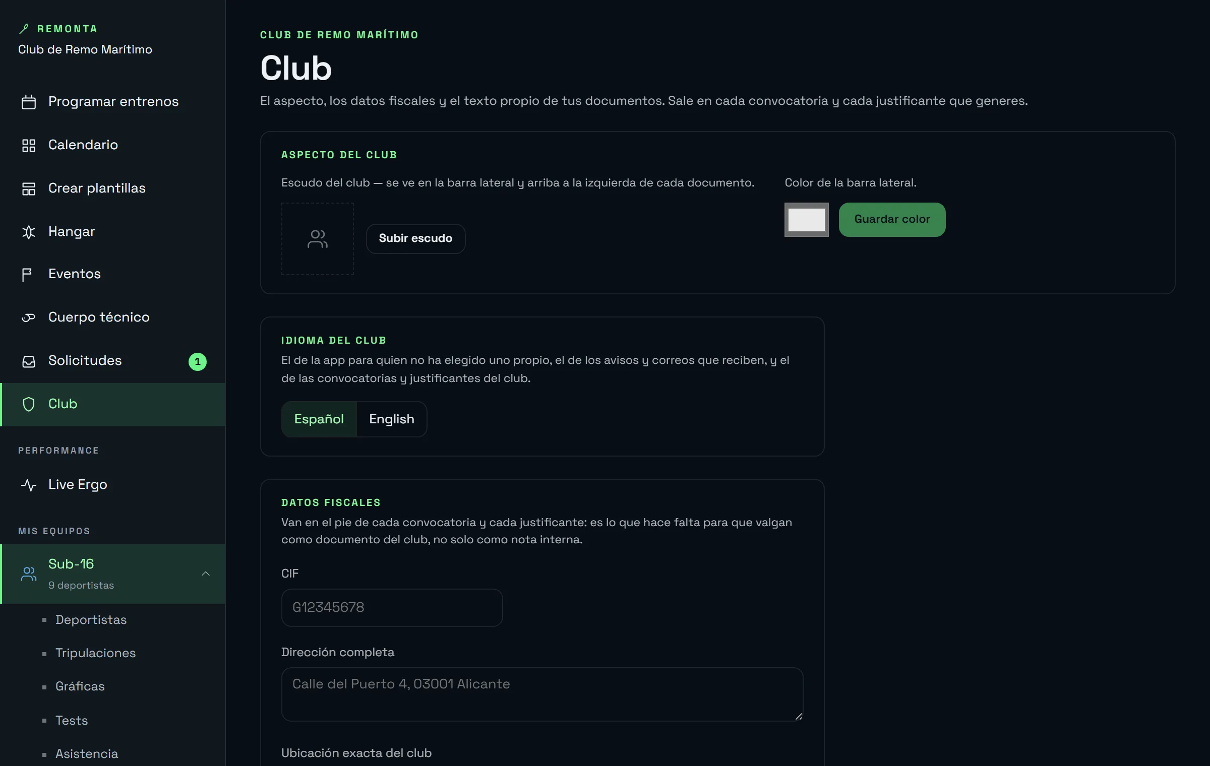 Ajustes del club en el portal del entrenador: equipos, cuerpo técnico, logo y color del club