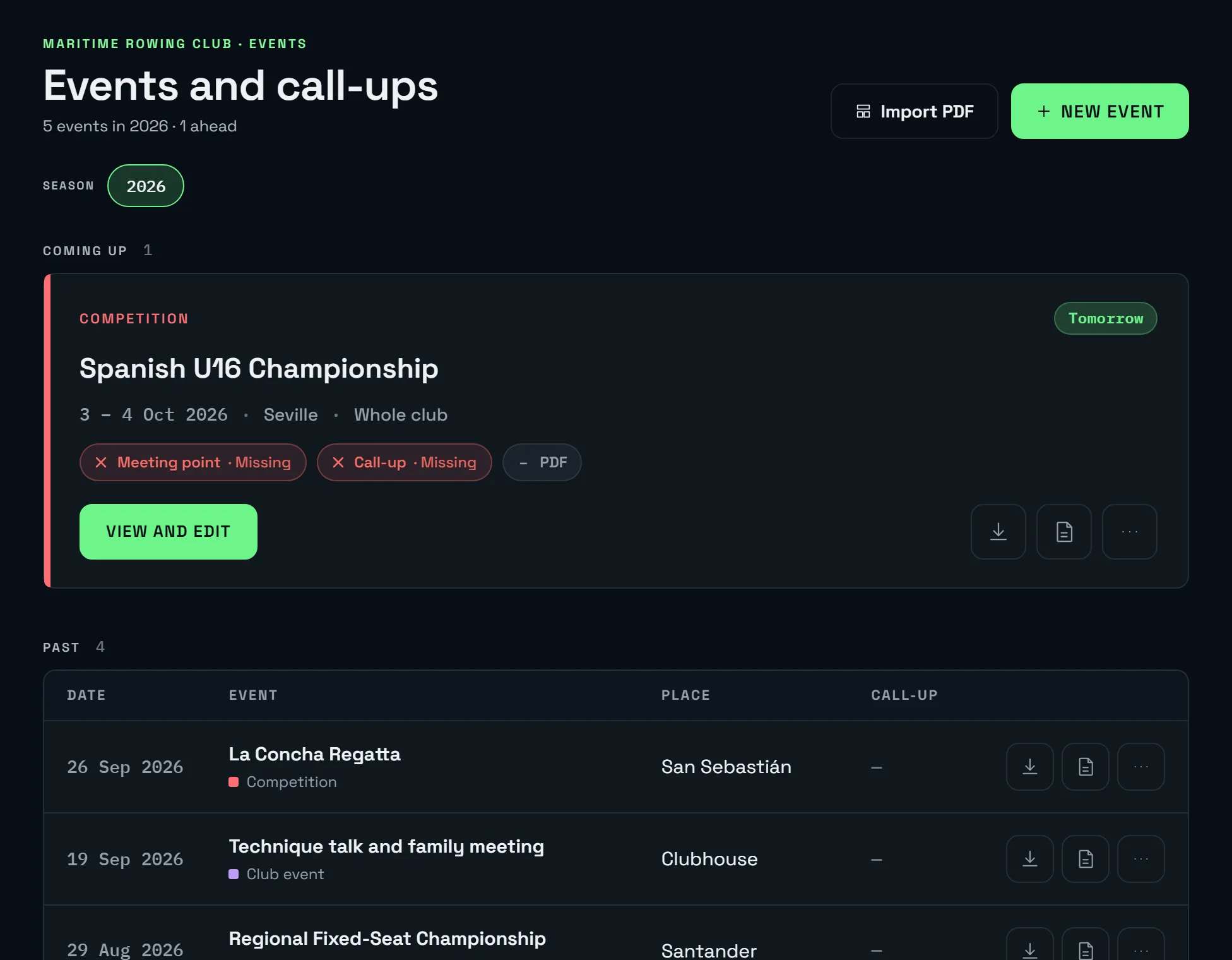 Club events: regattas, tests and selections with the selected athletes
