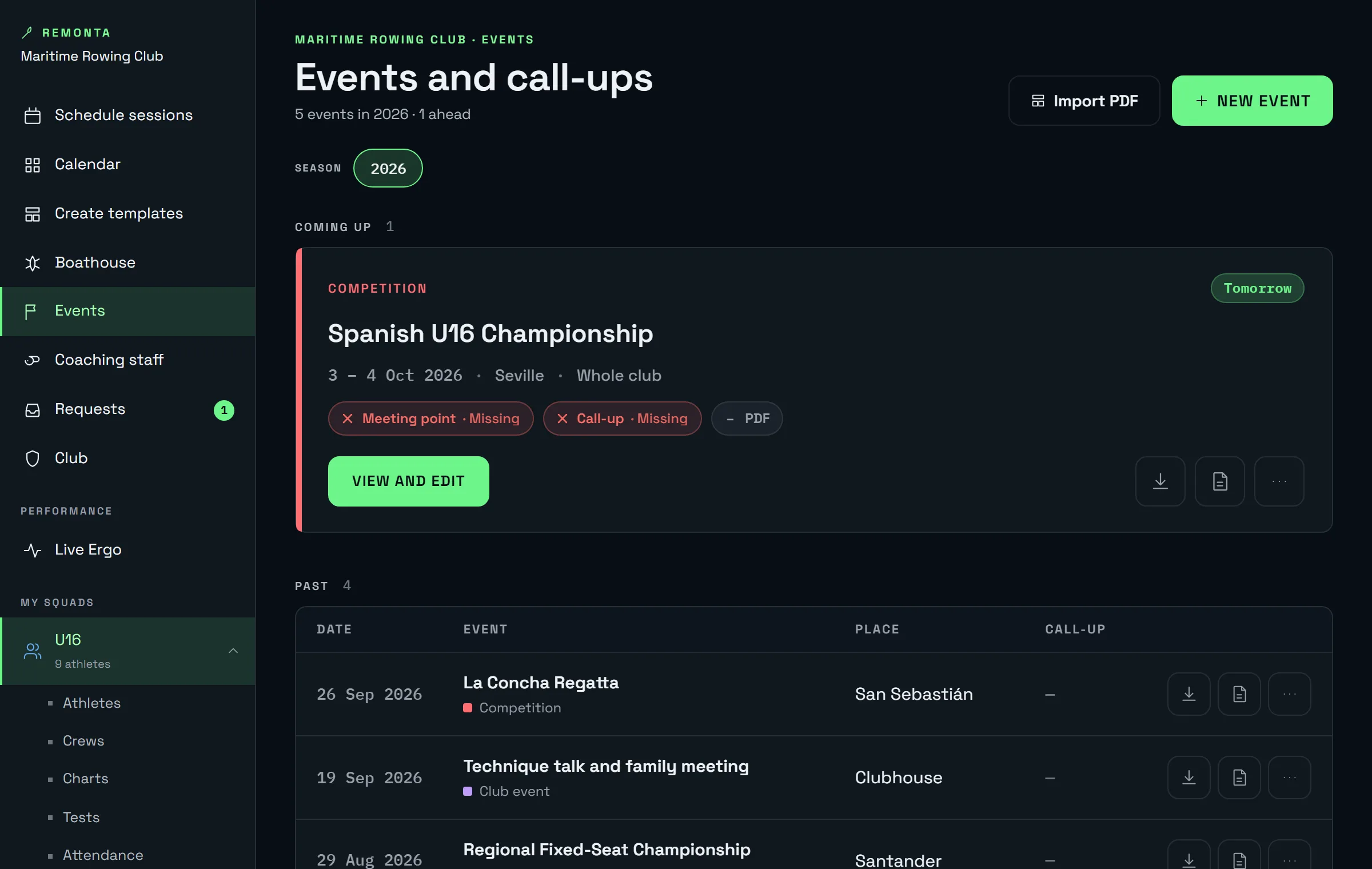 Club events: regattas and selections with the selected athletes