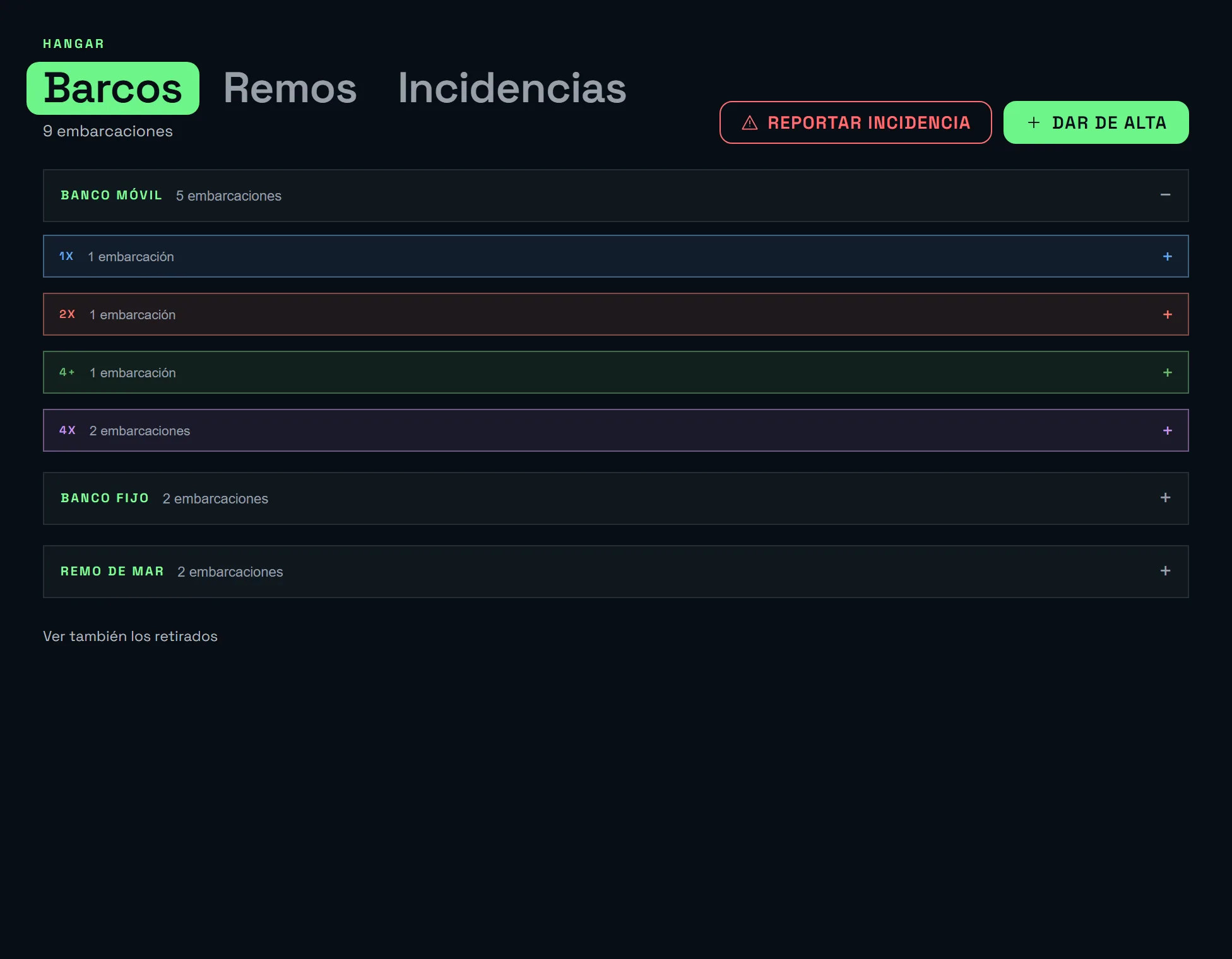 Hangar: la lista de botes del club con su estado e incidencias abiertas