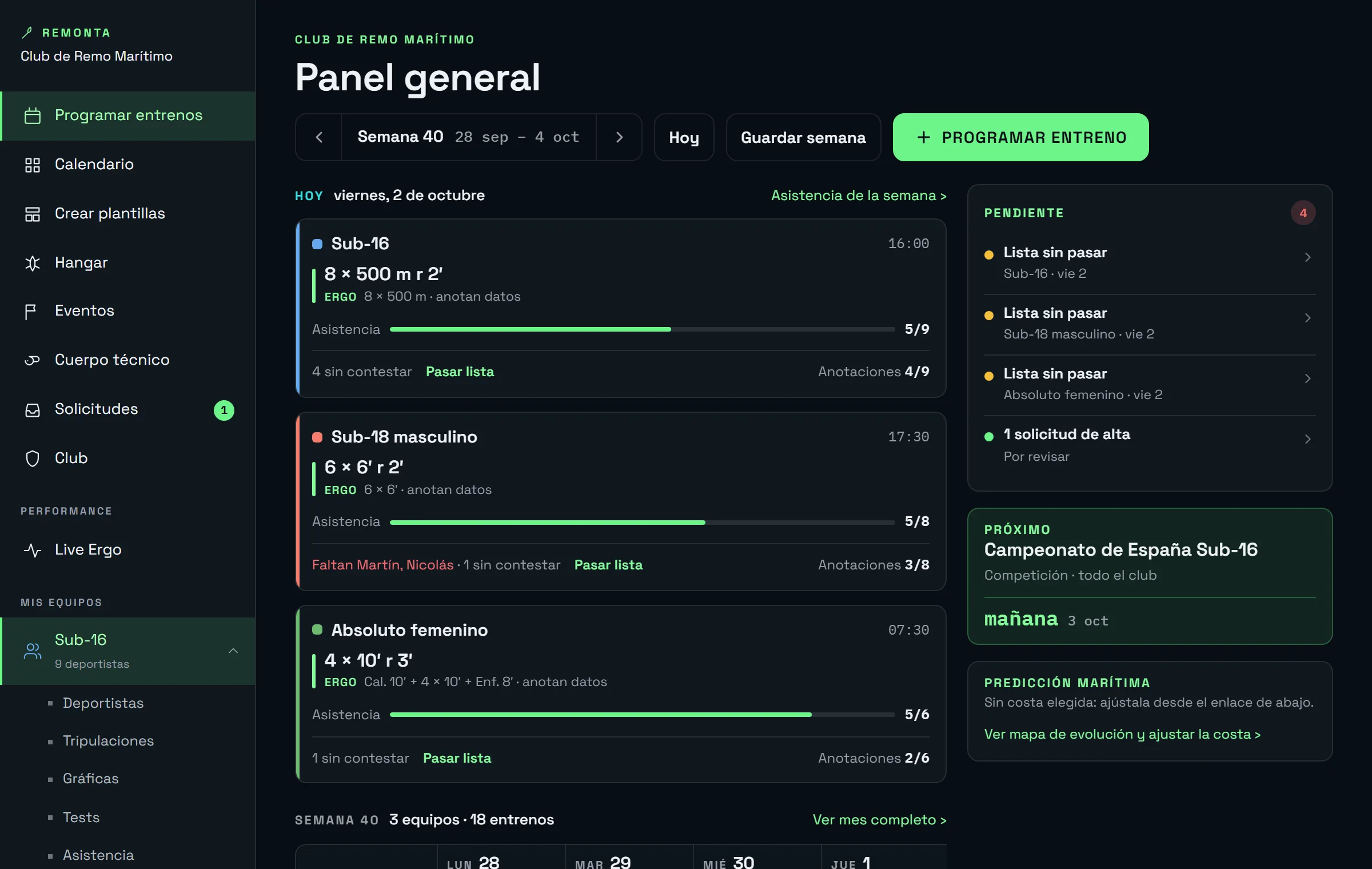 Portal del entrenador: la semana de un equipo con los entrenamientos programados y el cumplimiento de cada deportista