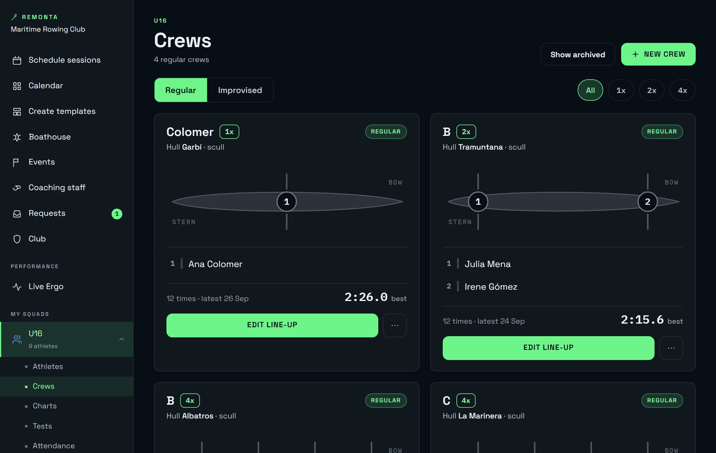 Crew editor: the seats of a boat with each athlete and their side