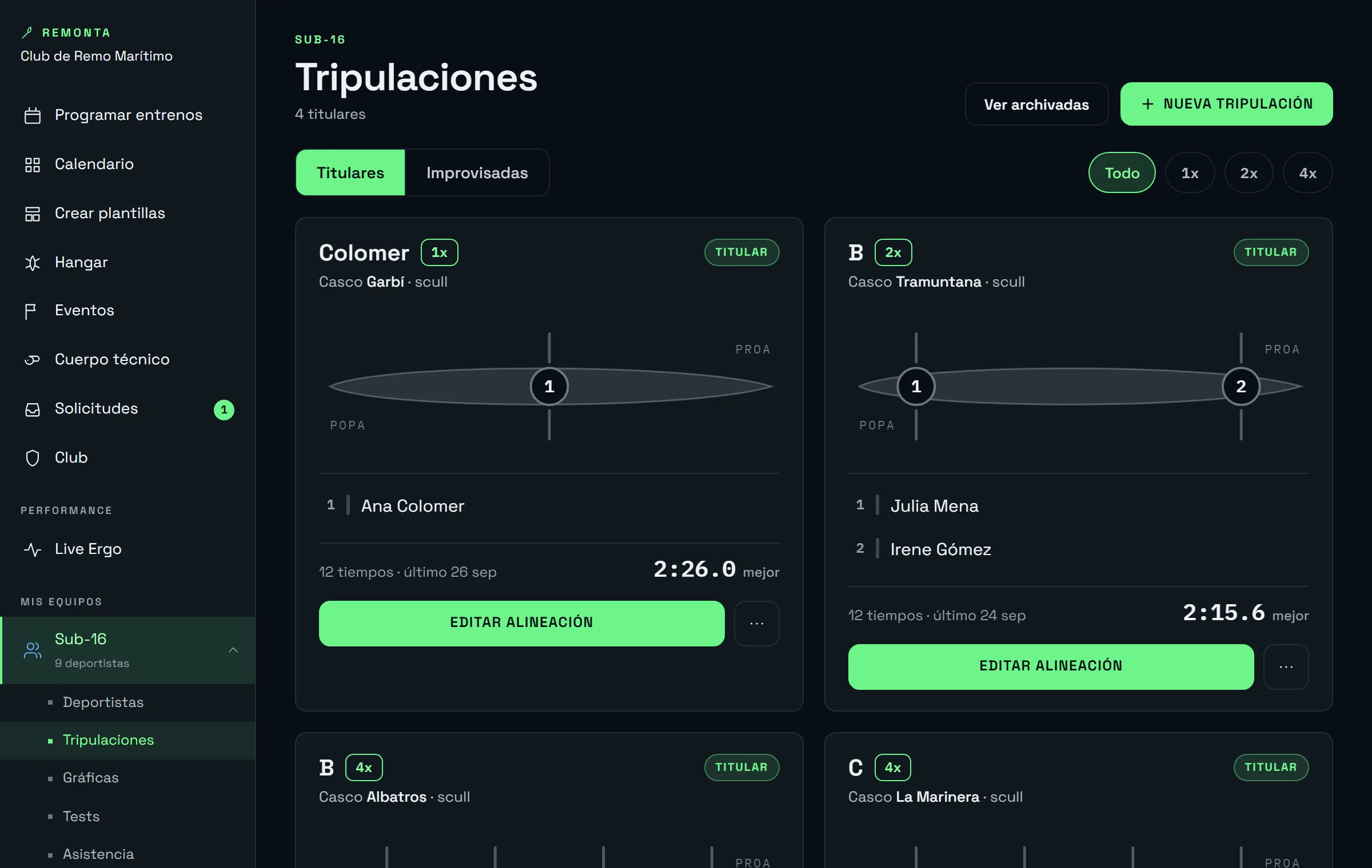 Editor de tripulaciones: los asientos de un bote con el deportista y la banda de cada uno