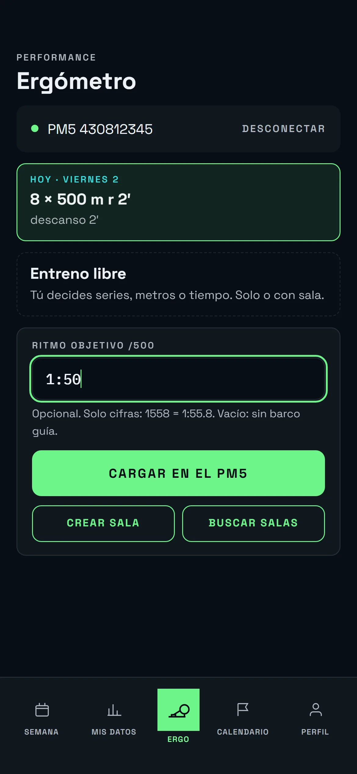 Pestaña Ergo de la app del deportista: PM5 conectado por Bluetooth, el entreno de hoy y el ritmo objetivo, listo para cargarlo o entrar en una sala