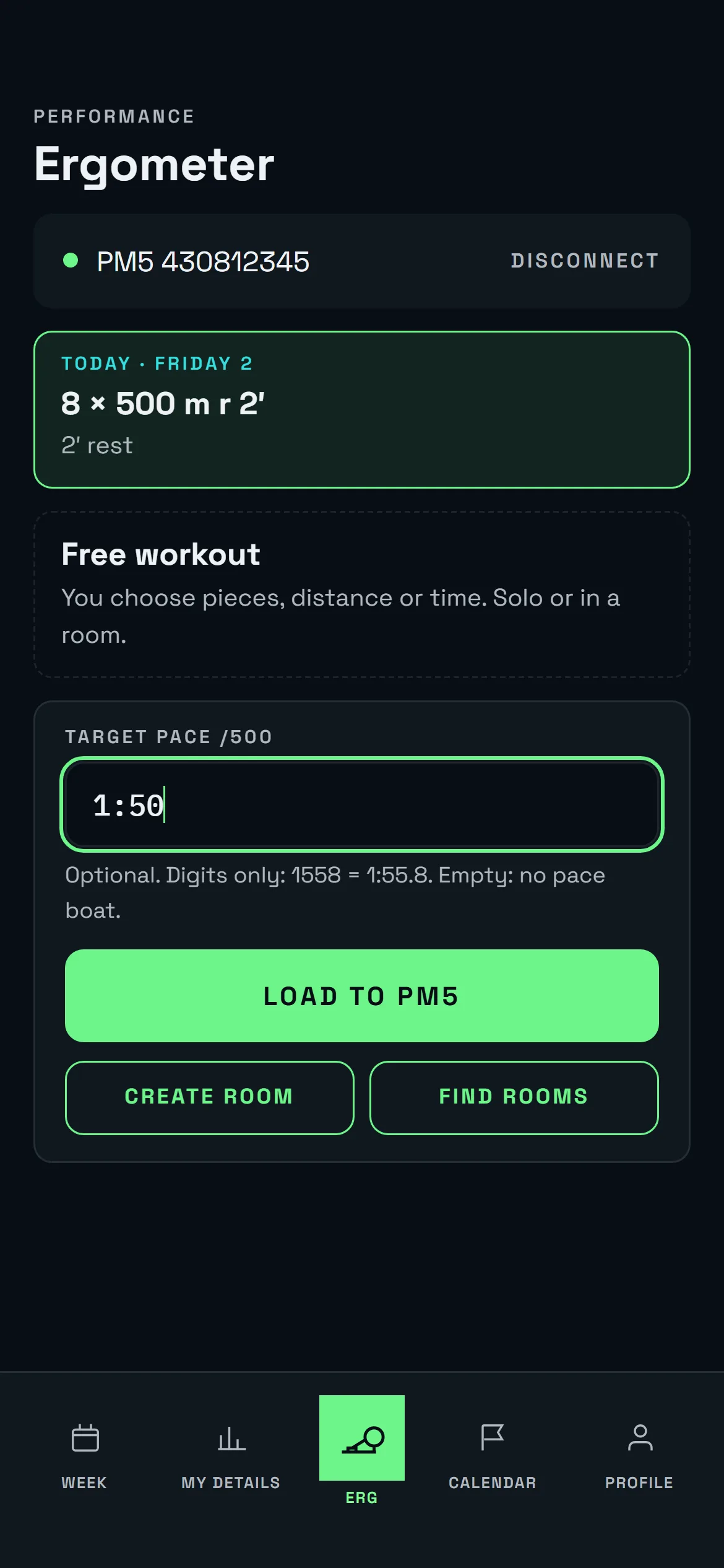Erg tab in the athlete app: PM5 connected over Bluetooth, today's session and the target split, ready to load it or join a room